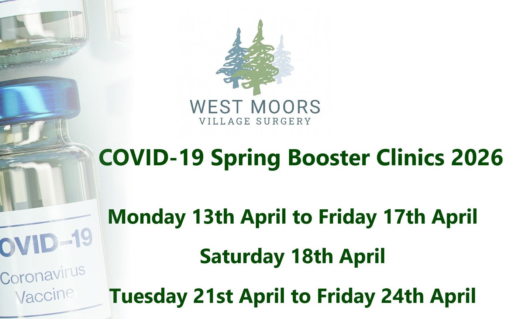 the practic logo, a vial of COVID vaccine and the words COVID-19 Booster Clinics 2026 Monday 13th April to Friday 17th April, Saturday 18th April, Tuesday 21st April to Friday 24th April.