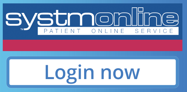 Systmonline Patient Online Services logo and the words Login now