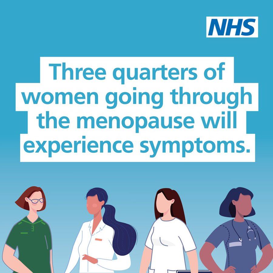 a cartoon image of women, the NHS logo and the words Three quarters of women going through the menopause will experience symptoms.