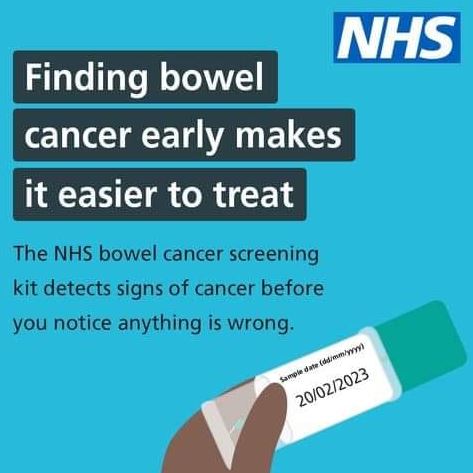 the nhs logo and the words finding bowel cancel early makes it easier to treat.  The nhs bowel screening kit detects signs of cancer before you notice anything is wrong