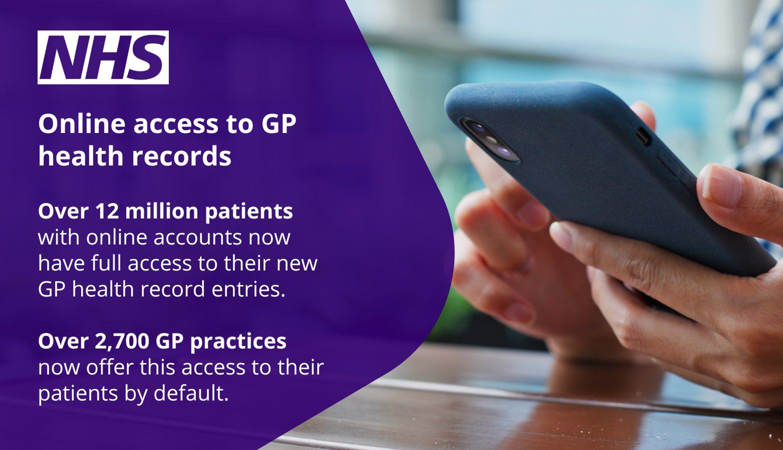 a person holding a smartphone, the NHS logo and the words Online access to GP health records.  Over 12 million patients withonline accounts now have full access to their new GP health record entries.  Over 2,700 practices now offer this access to their patients by default. 